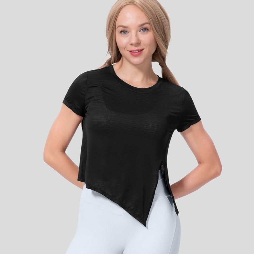 NWT Halara Asymmetric Split-Hem Sheer Top, Black, M